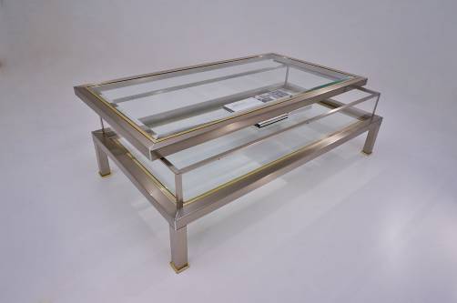 Maison Jansen sliding coffee table, large, brass & steel, 1970s French